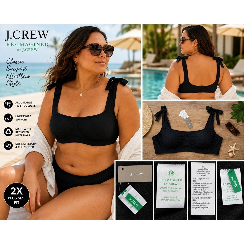 NWT J.Crew Re-Imagined Black Underwire Bikini Top Women's 2X Tie Strap Swim New